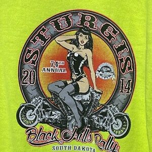 Sturgis Black Hills Rally 2014 Neon Green Men's Tee Shirt. Very Good Condition.